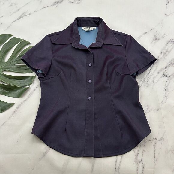 Cindy Womens Vintage Y2k Iridescent Button Up Top Size L Purple Blue Shimmer - Picture 1 of 11